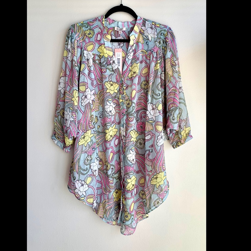 BADGLEY MISCHKA Aqua and pink dolman sleeve button down long shirt SIZE M - NWT